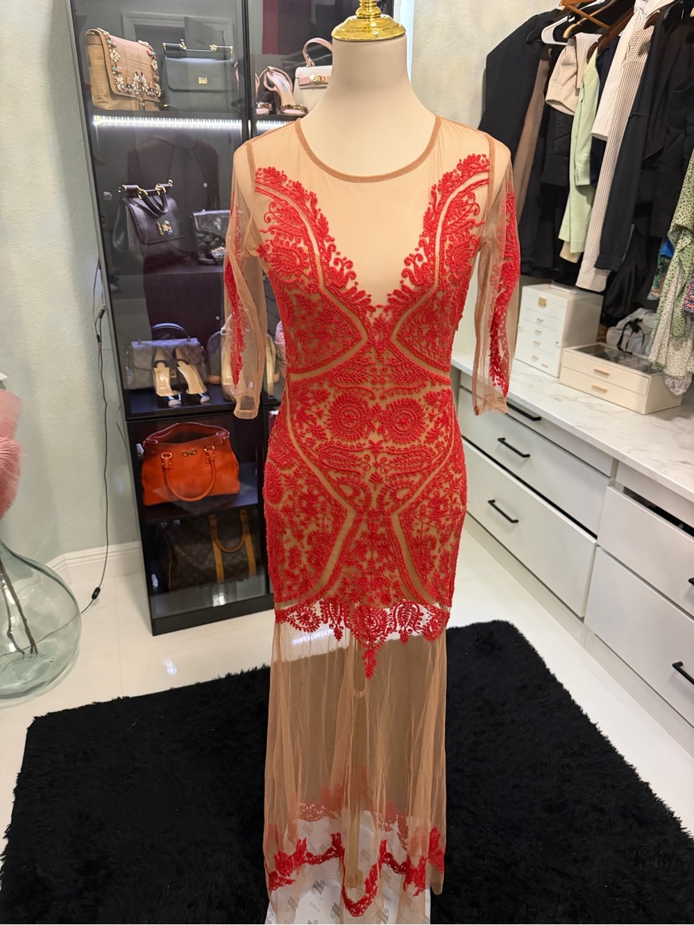 For Love And Lemons Red Embroidered Sheer Maxi Dress
